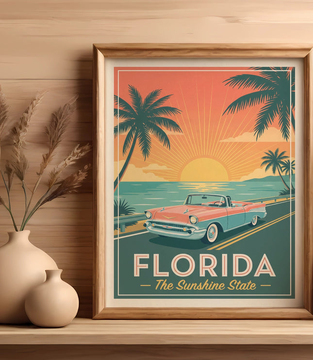 Vintage Florida travel poster with sunset, palm trees, and convertible.
