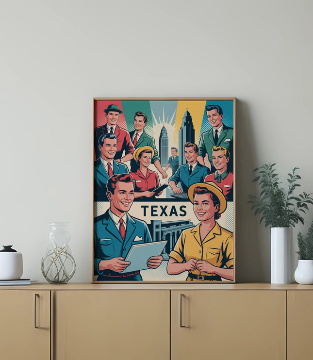Retro poster featuring smiling men, women, and city buildings with the word TEXAS.