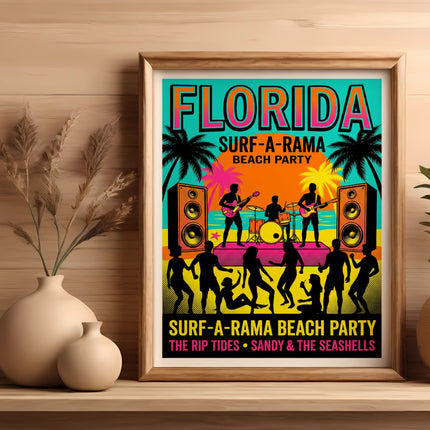 Florida Surf-a-Rama Beach Party concert poster with band and dancers.