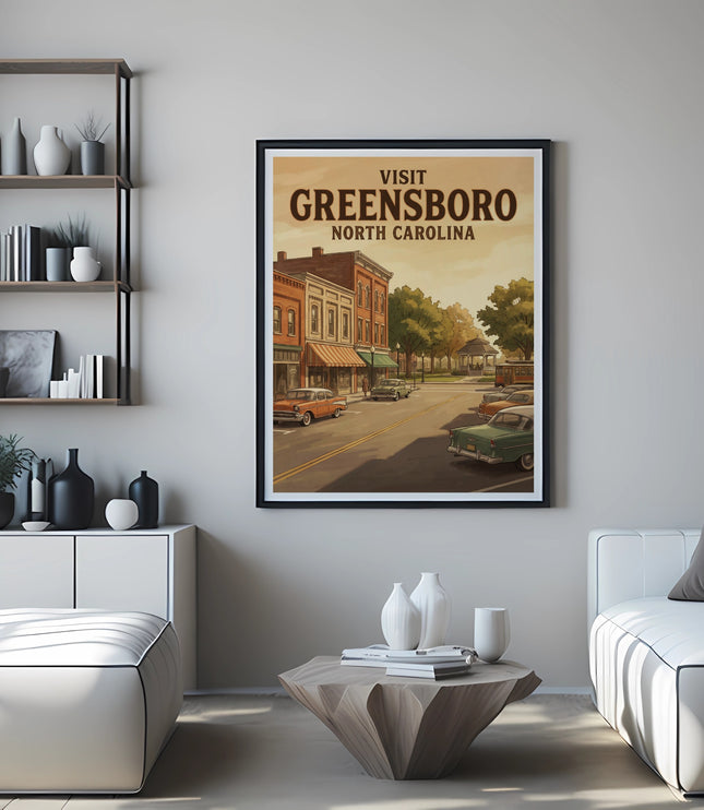 Vintage "Visit Greensboro North Carolina" poster with street scene and classic cars.