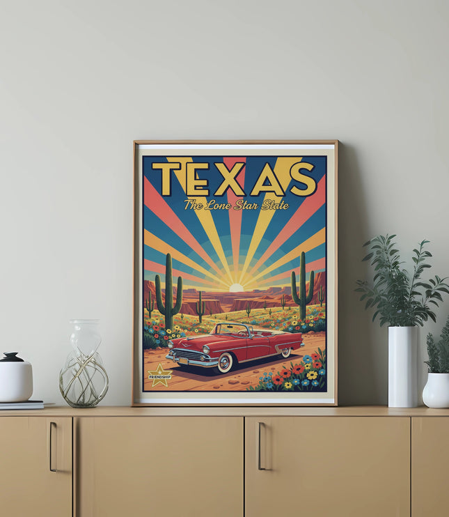 Vintage Texas poster with cactus, flowers, red convertible, and sunset.