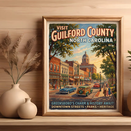 Vintage poster of Guilford County, North Carolina with downtown street scene and text.