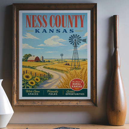 Ness County, Kansas poster with rural farm scene and text.