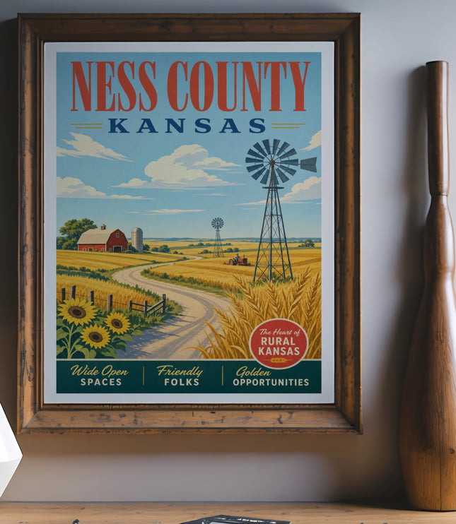 Ness County, Kansas poster with rural farm scene and text.