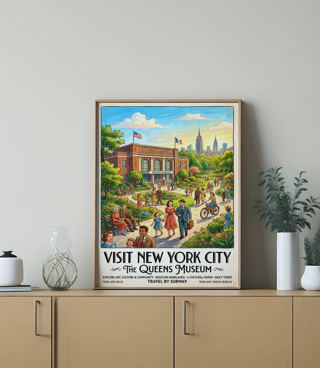 Vintage poster of Queens Museum, NYC skyline, park, and people.