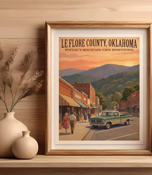 Le Flore County, Oklahoma Poteau's Mountain-View Downtown poster with vintage truck.