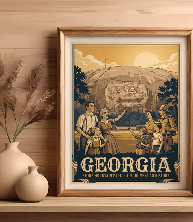 Georgia Stone Mountain Park vintage poster featuring a family and the carving.