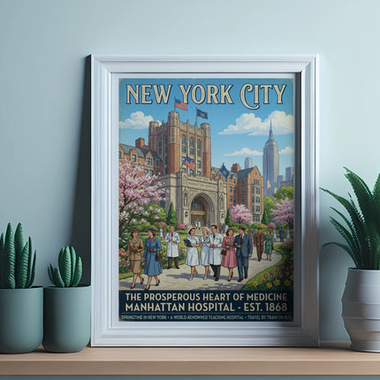 Vintage "New York City" poster for Manhattan Hospital, established 1868.