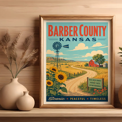 Barber County, Kansas vintage travel poster with windmill, sunflowers, and barn.