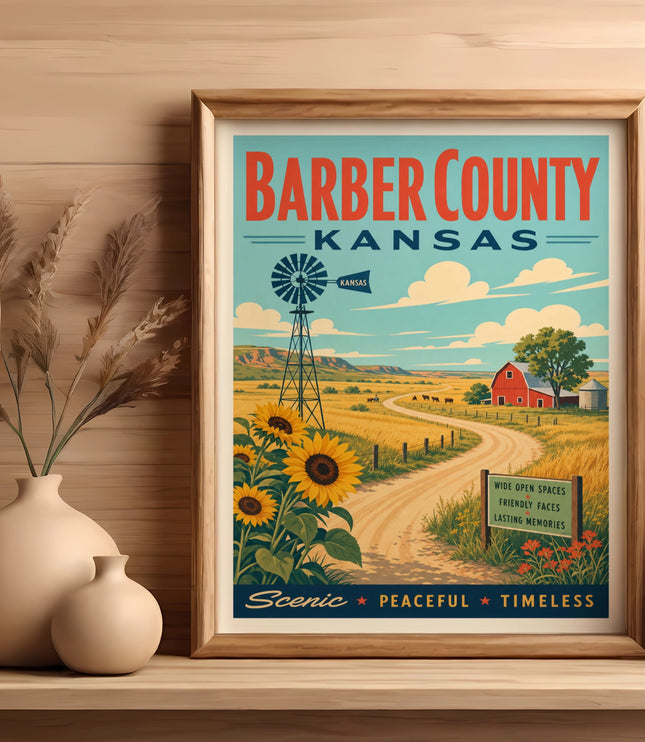 Barber County, Kansas vintage travel poster with windmill, sunflowers, and barn.