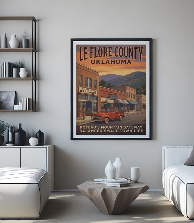 Le Flore County Oklahoma vintage travel poster with town scene and truck.