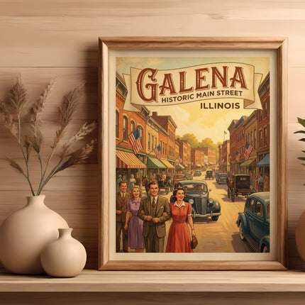 Framed illustration of a vintage Galena, Illinois Main Street scene with people and cars.