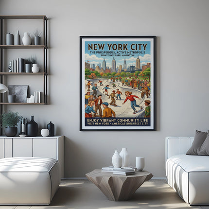 New York City poster depicting a vibrant community skate park scene in Manhattan.