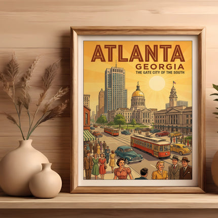 Framed Atlanta travel poster featuring vintage cityscape and text "Atlanta The Gate City of the South".