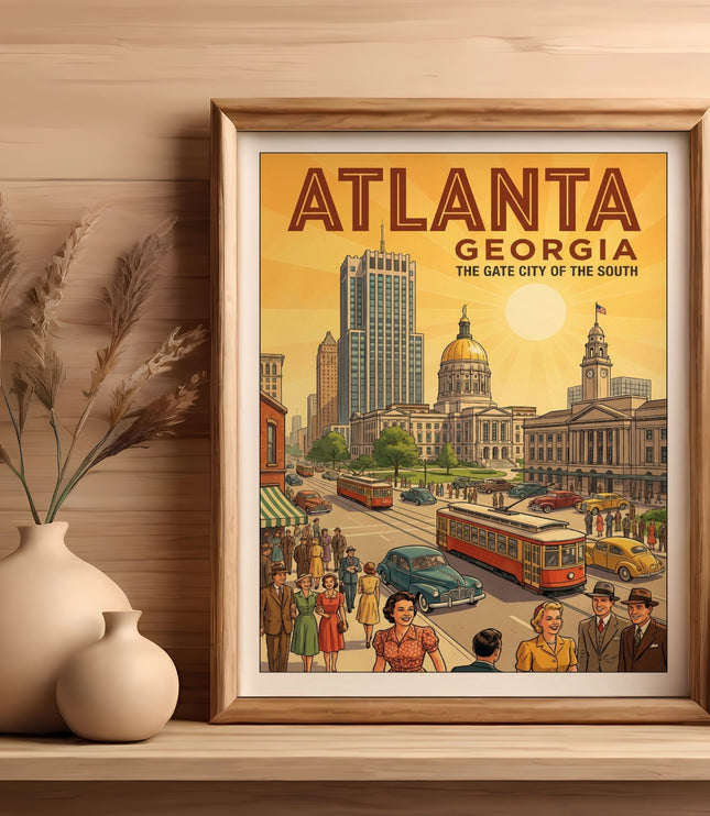 Framed Atlanta travel poster featuring vintage cityscape and text "Atlanta The Gate City of the South".