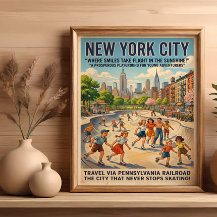 New York City poster: "Where Smiles Take Flight." Pennsylvania Railroad advertisement.