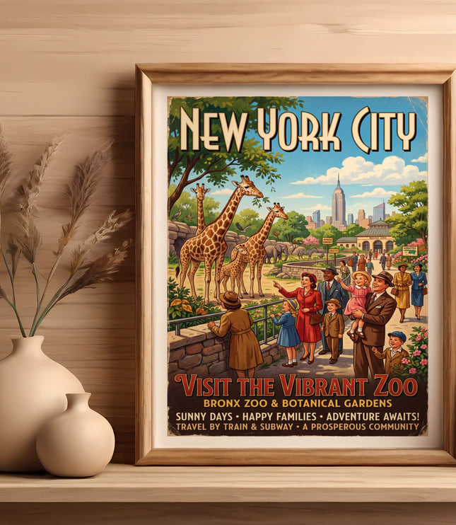 Visit the vibrant New York City Bronx Zoo poster with giraffes and family.