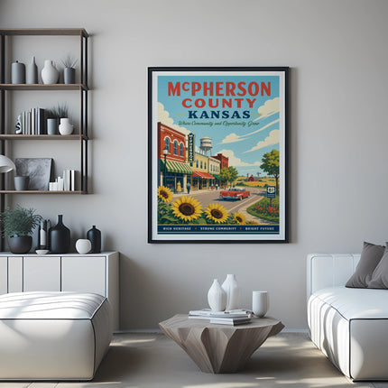 McPherson County Kansas poster with sunflowers, vintage buildings, and highway 81.