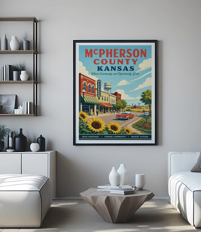 McPherson County Kansas poster with sunflowers, vintage buildings, and highway 81.