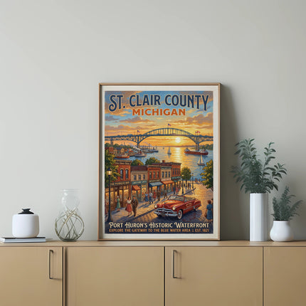 St. Clair County Michigan waterfront poster with vintage car and bridge.