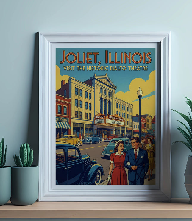 Joliet, Illinois poster featuring the Rialto Theatre and vintage cars.