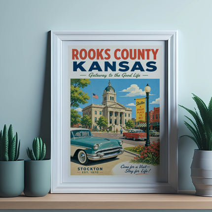 Rooks County, Kansas vintage travel poster with Stockton architecture and text.