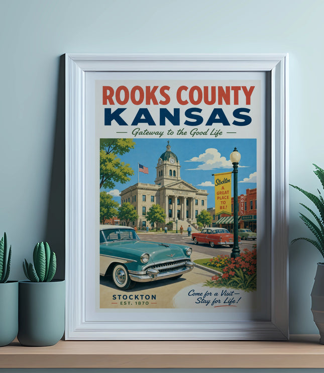 Rooks County, Kansas vintage travel poster with Stockton architecture and text.