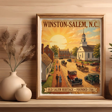 Framed art depicting Winston-Salem, NC, with Old Salem Heritage Founded 1766.