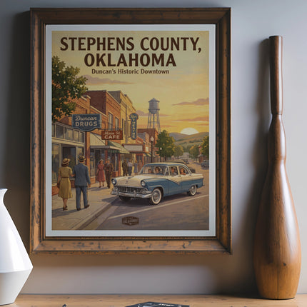 Poster of Stephens County, Oklahoma's historic downtown with a vintage car.