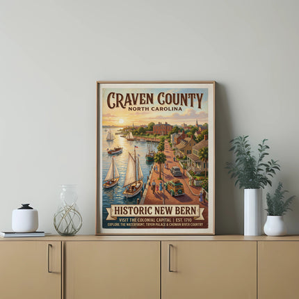 Craven County, North Carolina travel poster of Historic New Bern waterfront scene.