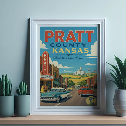 Vintage travel poster for Pratt County, Kansas, featuring classic cars and buildings.