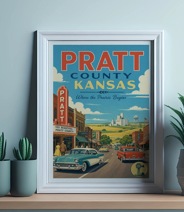 Vintage travel poster for Pratt County, Kansas, featuring classic cars and buildings.