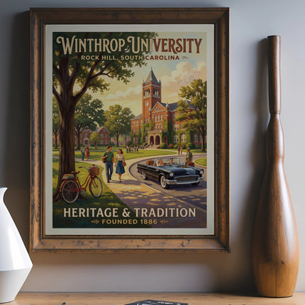 Winthrop University poster with campus scene, vintage car, and text "Heritage & Tradition".