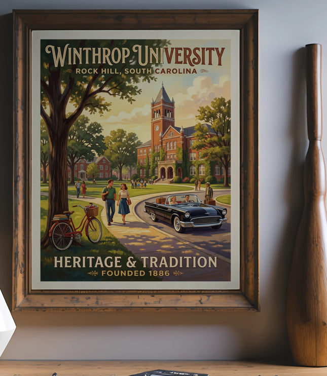 Winthrop University poster with campus scene, vintage car, and text "Heritage & Tradition".