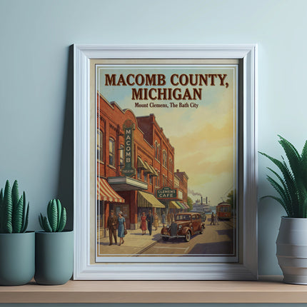 Vintage poster of Macomb County, Michigan, featuring Mount Clemens street scene.