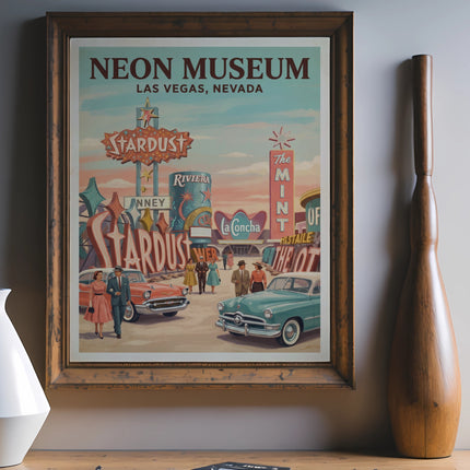 Neon Museum Las Vegas Nevada poster with Stardust and Mint signs.