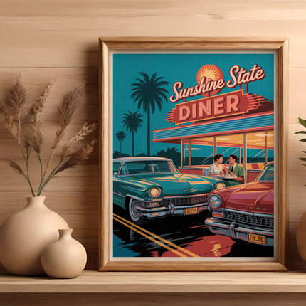 Vintage diner scene with classic cars and palm trees, framed artwork.