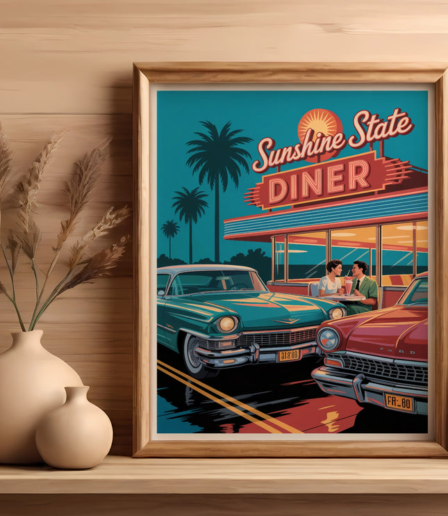 Vintage diner scene with classic cars and palm trees, framed artwork.