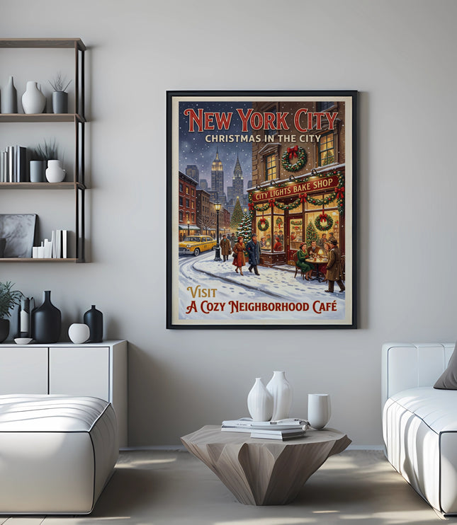 New York City Christmas travel poster showing a bake shop and cafe.