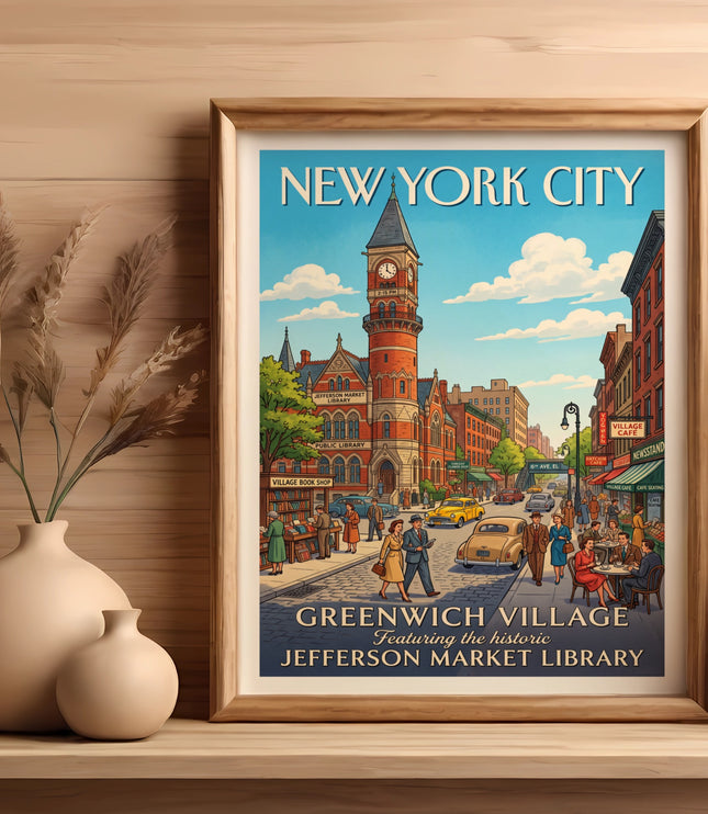 New York City print featuring Greenwich Village and Jefferson Market Library.