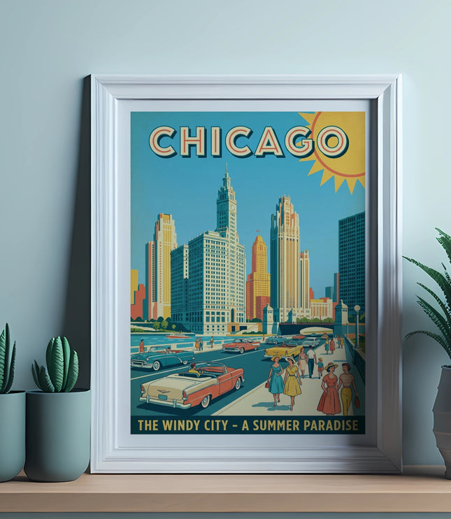 Framed Chicago poster with city skyline, cars, people, and "The Windy City" text.
