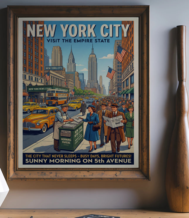 New York City vintage travel poster with Empire State Building and street scene.