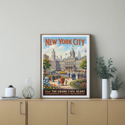 New York City poster with City Hall and people, featuring text "Visit a Lively Metropolis".