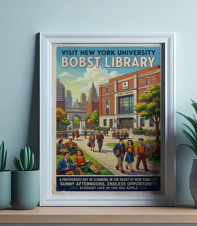Vintage style poster advertising New York University's Bobst Library with people in a courtyard.