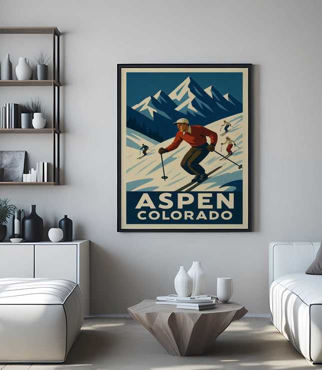 Aspen Colorado vintage ski poster with skiers in snowy mountains.