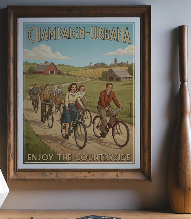 Champaign-Urbana poster featuring people cycling through a countryside landscape with farms.