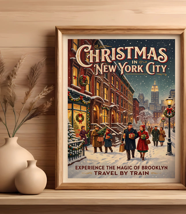 Christmas in New York City poster with couples walking in snowy street.