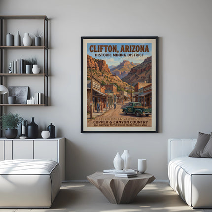 Clifton, Arizona historic mining district vintage travel poster.
