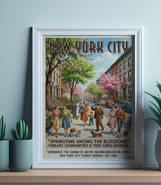 New York City vintage poster depicting people and dogs in a tree-lined neighborhood in spring.