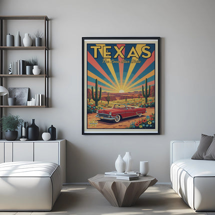 Retro Texas Lone Star State poster with a red convertible in a desert landscape.